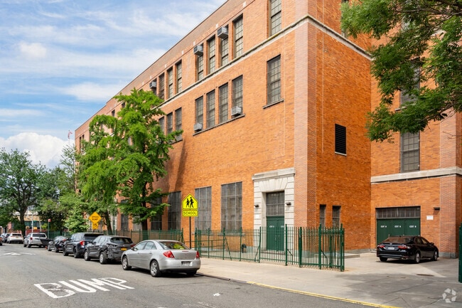 Exterior view of Queens Technical High School along 37th St.