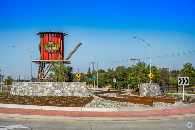The city of Roseville has a new round-about entering downtown with a waler tower sign.