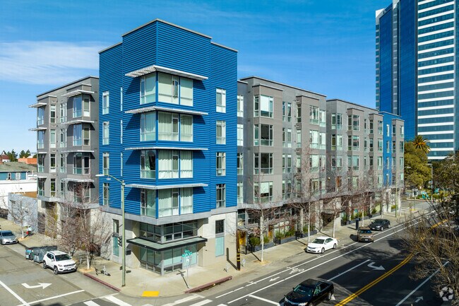 View of new apartments located in Old Oakland, CA.
