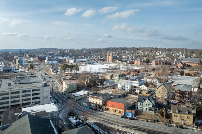 From above, the historic architecture of Willimantic, CT, stands out with its charming details.