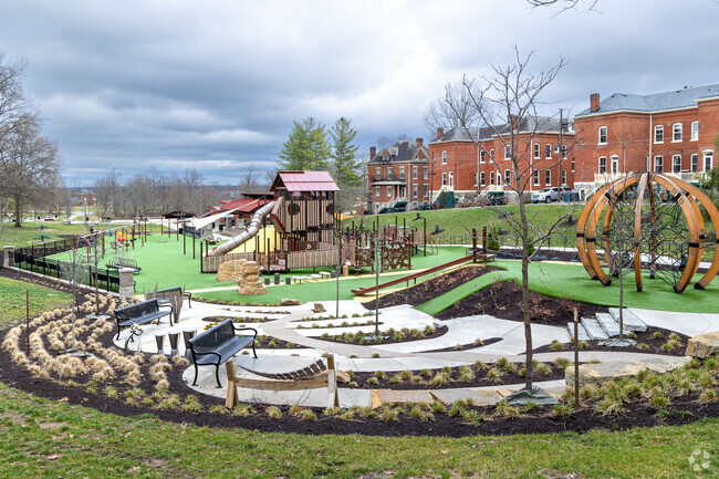 Tower Park is 86.6 acres of lush forest, sport facilities, playgrounds, hiking trails, two recreation buildings, and home to the Fort Thomas Museum.