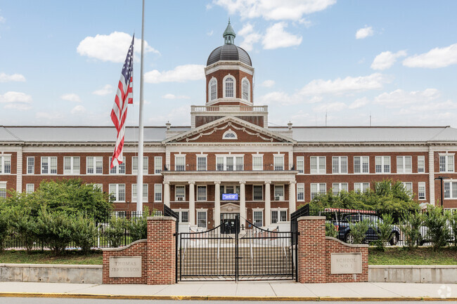 The beautiful colonial revival architecture of the Thomas Jefferson School in Passaic, NJ.