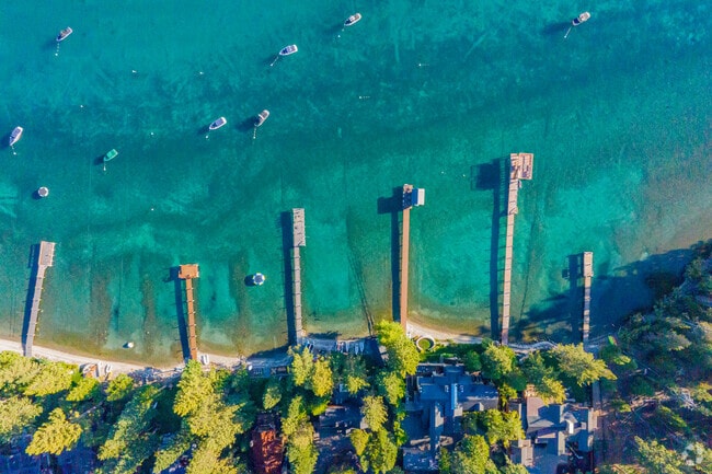 A birds eye view reveals the vivid colors of Lake Tahoe