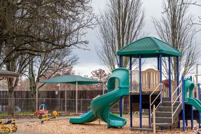 A play structure featuring a slide and monkey bars.