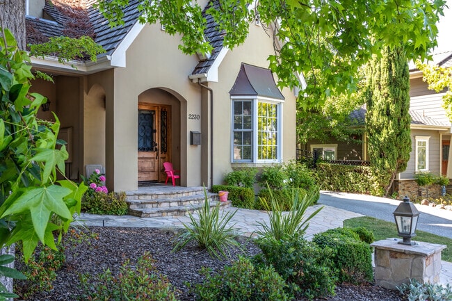A beautifully designed entrance to a Cottage-style home in Atherton.