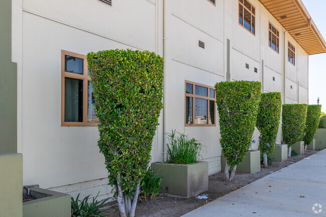 View Park's building in Los Angeles, CA, is well kept with neat rows of green trimmed bushes.