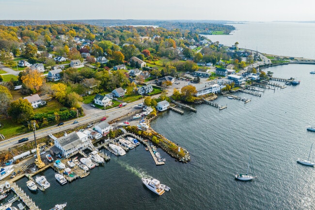 Along Mt. Hope Bay, marinas, private docks and water properties line the shoreline in Tiverton.