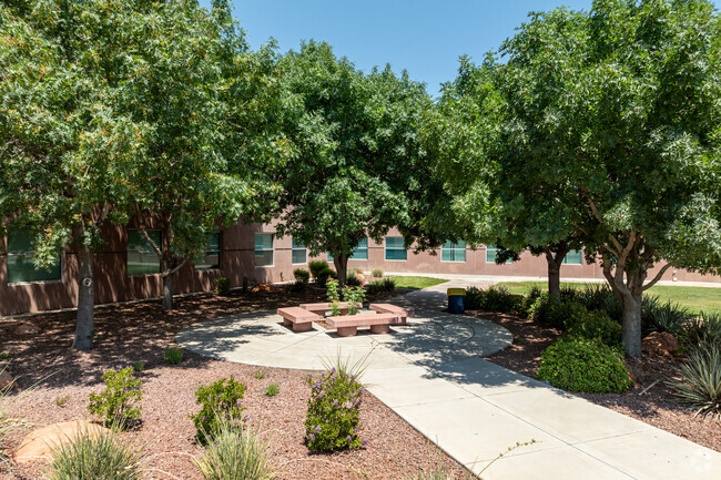 A variety of outdoor seating options are available to students attending Snow Canyon High School