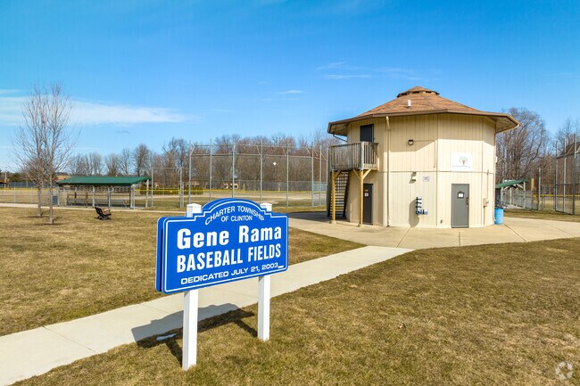 An aerial view of Clinton Township Civic Center park and athletic fields