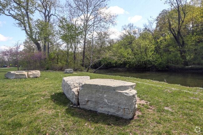 Limestone benches sit on the bank of Fall Creek in the Brendonwood neighborhood.