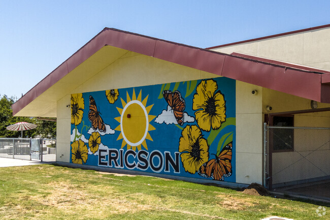 A colorful wall mural decorates Ericson Elementary School in the McLane neighborhood of Fresno.
