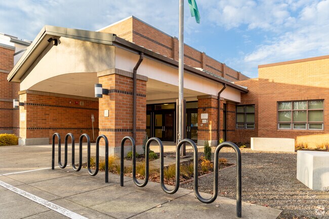 Bike rack by the main entrance encourage kids to bike to school.