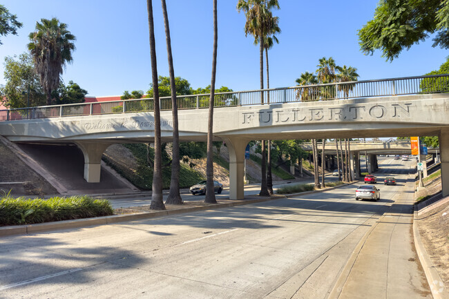 Welcome to Fullerton spelled out on this bridge as you enter the city near the downtown area.