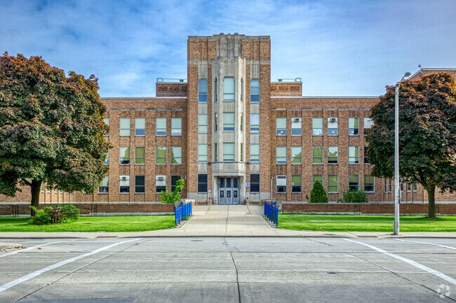 The grand entrance to Casimir Pulaski High School welcomes Southgate students daily.
