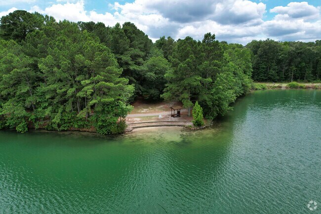 Aerial view of the waterside sitting area at Oak Grove Lake Park.
