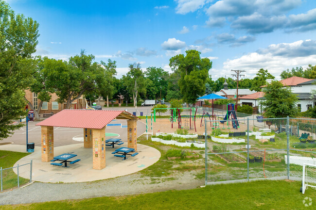 University Park Elementary School has a picnic area and a garden for students.