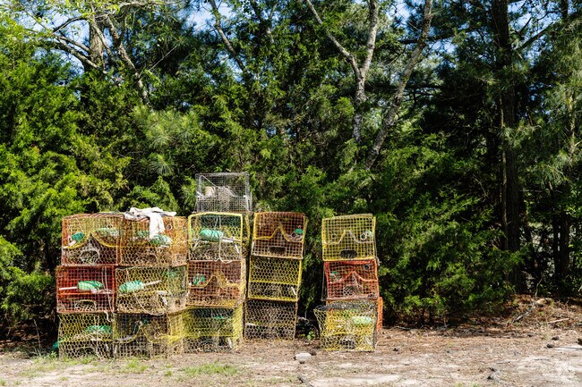 Crab pots along the shoreline highlight Accomac’s deep ties to crabbing and its water-based economy.