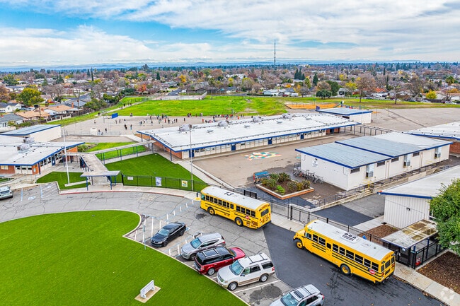 School buses lineup to pick up students of Pioneer Elementary School.