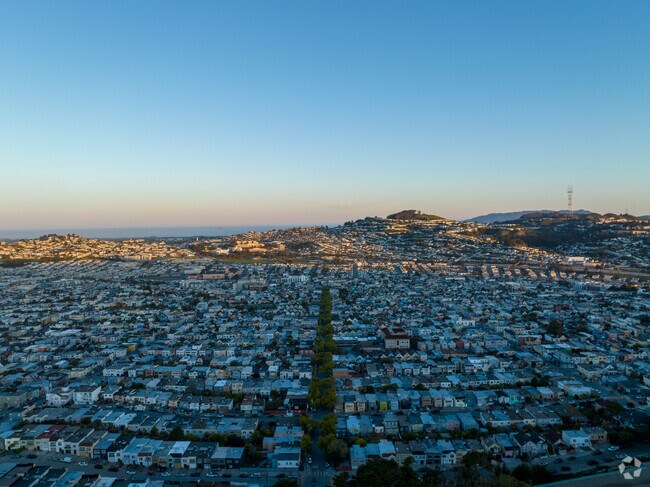 Sunlight falls from the east upon the Excelsior neighborhood in San Francisco.