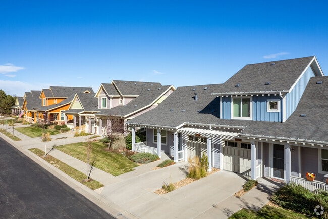 Newly built colorful craftsman duplexes in Crofton Park, Broomfield, CO.
