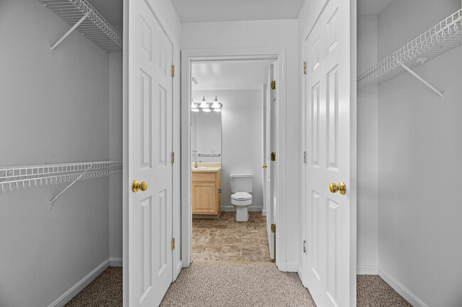 Carpeted Walk-In Closet to Bathroom Flow