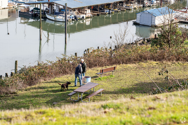 People and pets alike enjoy walks on the riverfront.