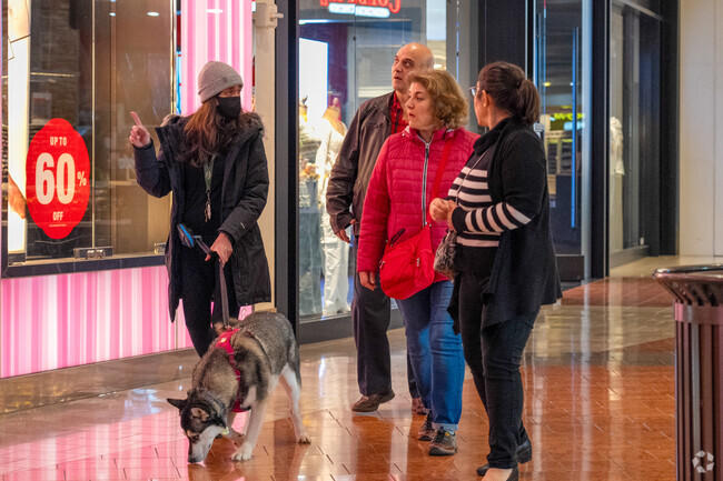 Shoppers enjoy a casual stroll through Westfield Oakridge Mall near Cahalan, browsing deals and displays.