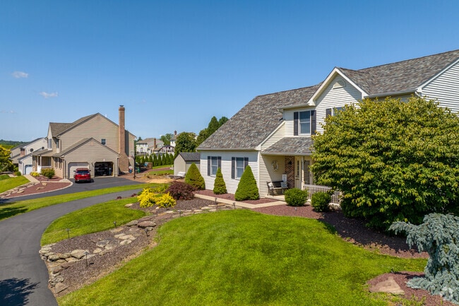 Modern craftsman homes sit atop the hilly terrain of Bath, Pennsylvania.