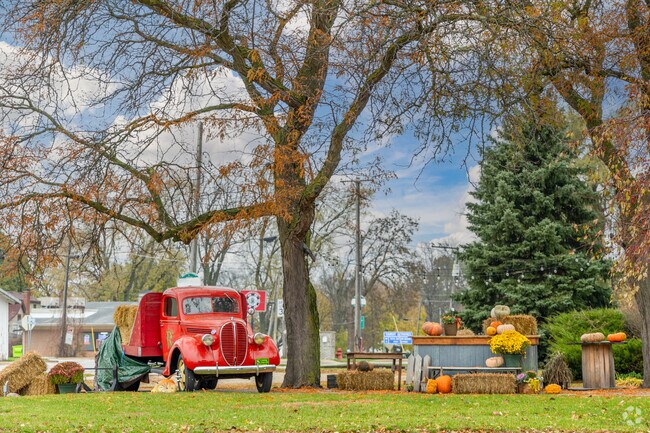 Near downtown Hebron are a few little shops and some fall decor lined up out front in Hebron.