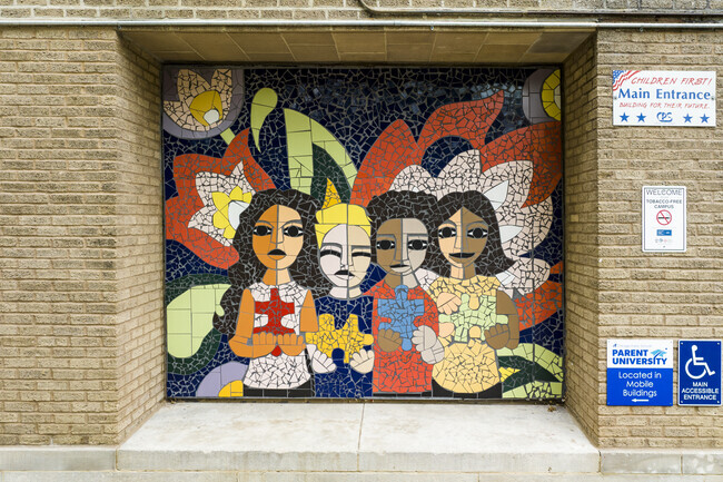 Mosaic's are built into the walls of Cleveland Elementary in Irving Park.