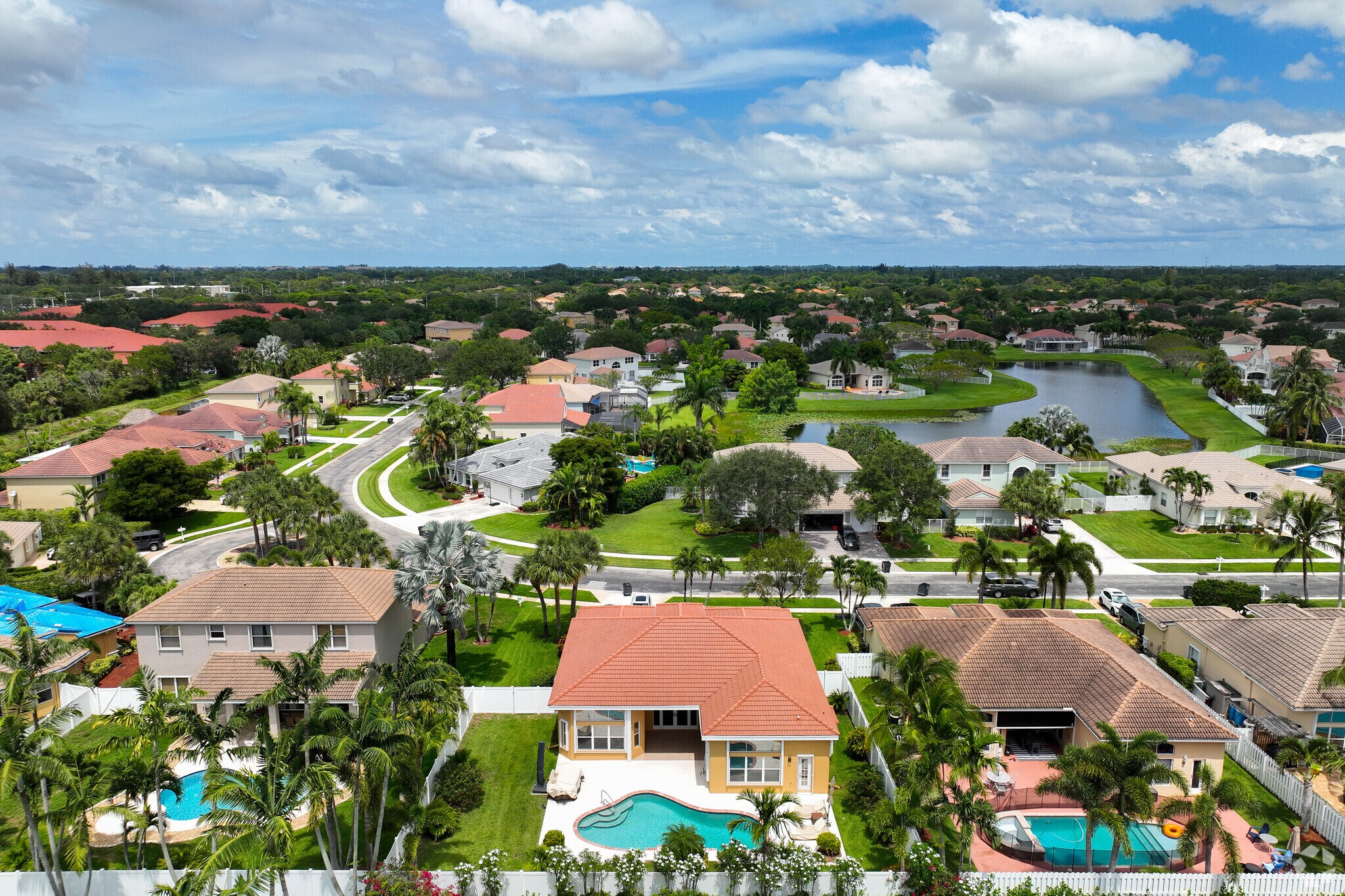 Aerial views of the two story mediterranean houses in Willoughby neighborhood.