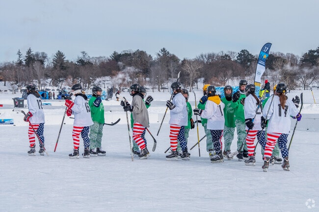 The US Pond Hockey Championship is held at Lake Nokomis in the wintertime.