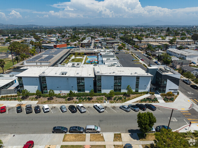 Main building with the vast amount of available parking.