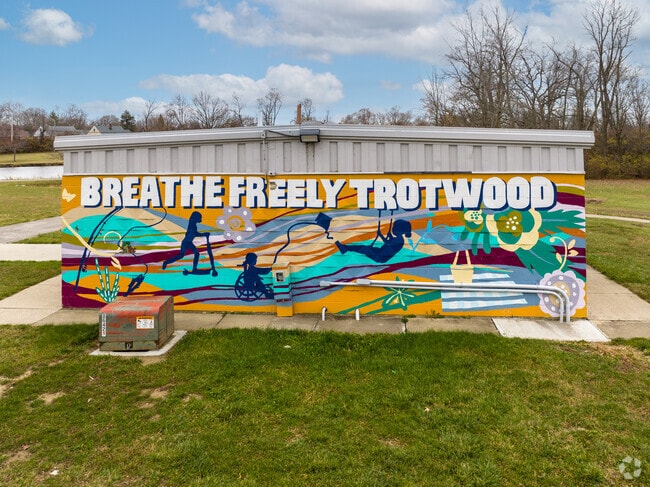 Trotwood’s John Wolf Park features wall art celebrating outdoor recreation.