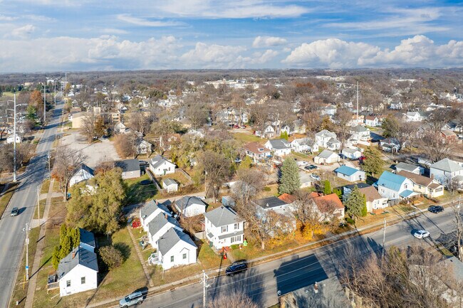 The aerial view of Riverfront showcases its picturesque charm along the river.