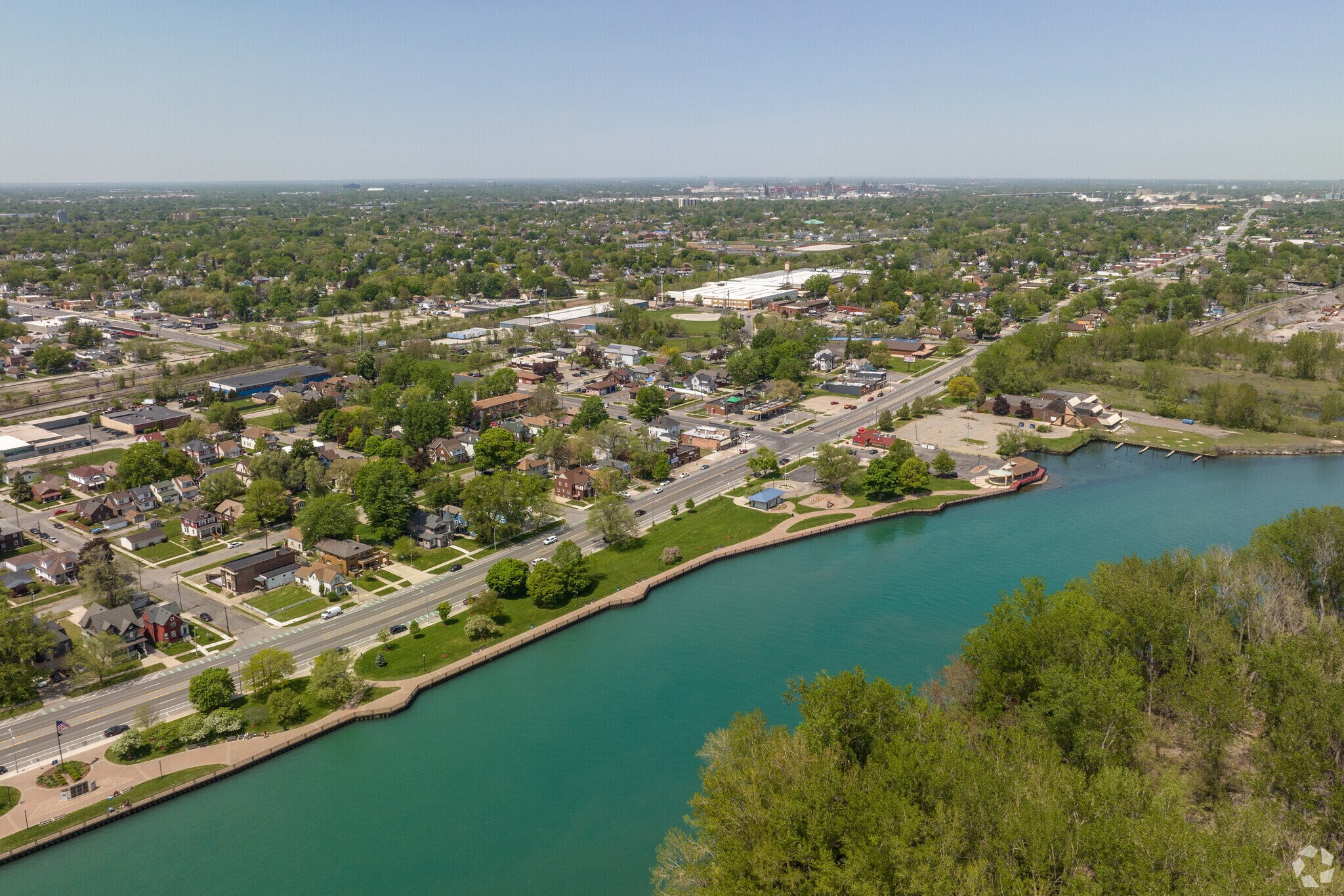 An overview of The Detroit River in relation to the neighborhood of Ecorse.