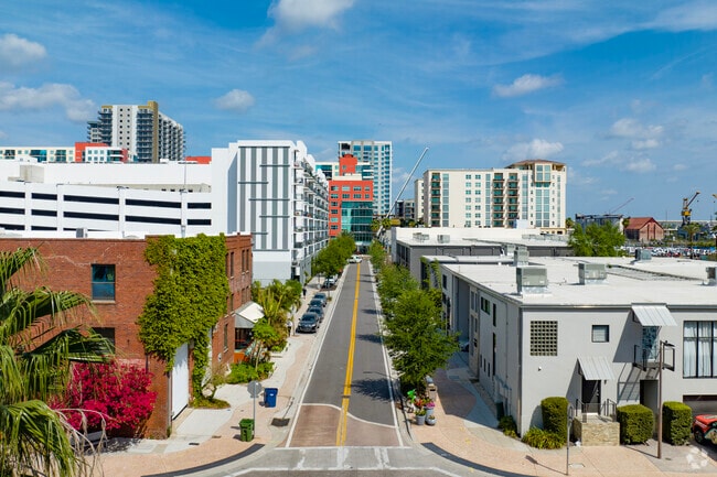 Rows of apartments align the main streets in the Channelside neighborhood.