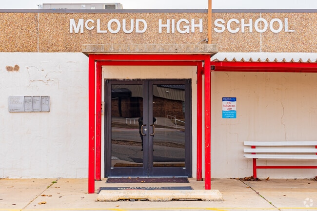 Close up shot of the front entrance of McLoud High School.