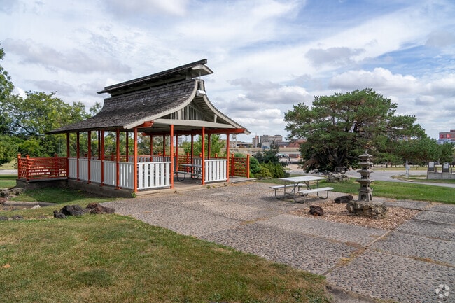 The Japanese-style gazebo at Washington Park is a unique spot to enjoy the park's charm.