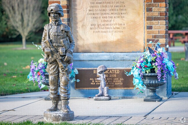 Shelby Community Park features a memorial to fallen soldiers.