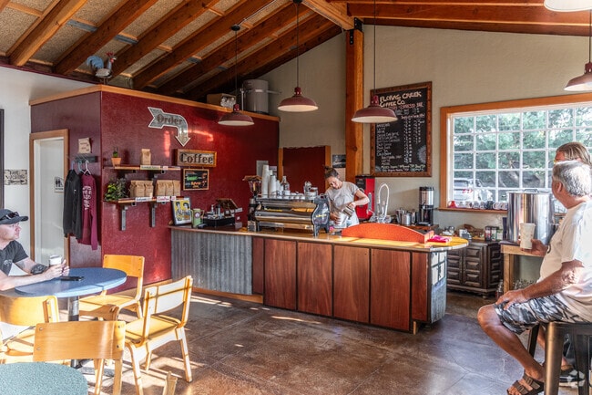 Floras Creek Coffee offers warm lattes and bagged roasted beans.
