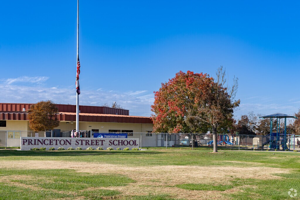 An American flag waves outside the entrance to Princeton Street Elementary School in Delano.