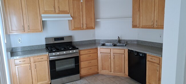 KITCHEN WITH SAMSUNG GAS RANGE AND OVEN, STAINLESS STEESINK AND PULLDOWN FAUCET, AND DISHWASHERL
