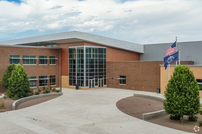 The entrance at Riverdale Ridge High School in Thornton, Colorado.