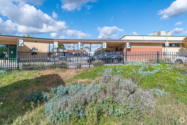 The front of Aerial view of the entire campus at Heights Christian Jr High School in La Mirada
