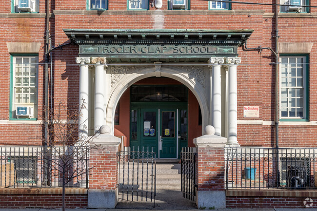 Roger Clap Elementary School in Dorchester boasts a grand entrance