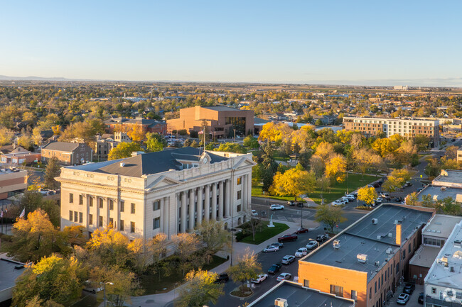 The Downtown Greeley courthouse can be seen surrounded by beautiful fall colors.
