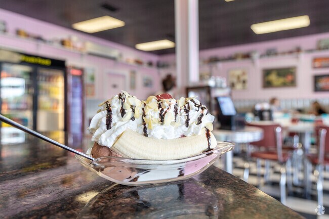 Enjoy a large ice cream sundae at Holly Hop Ice Cream Shoppe in Tech Terrace in Lubbock.
