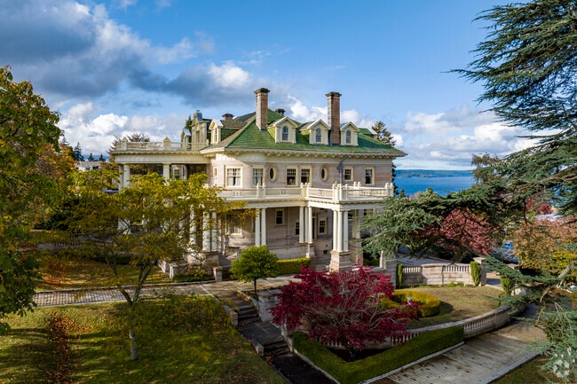 Colonial-style homes with offer water views near Annie Wright School in Old Town Tacoma.