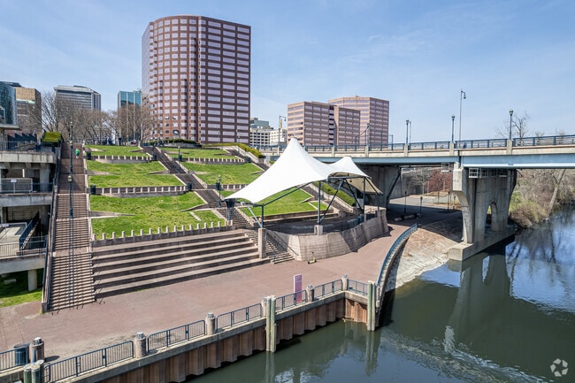 As many as 2500 people can enjoy an open air show or concert on on the stage at Mortensen Riverfront Plaza in Downtown Hartford.